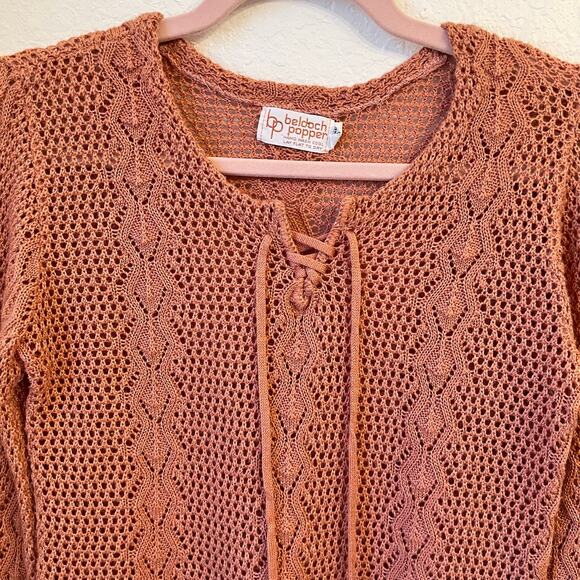 Vintage Beldoch Popper Open Knit Sweater Small Lace Up Salmon Pink Boho Festival - Picture 2 of 10